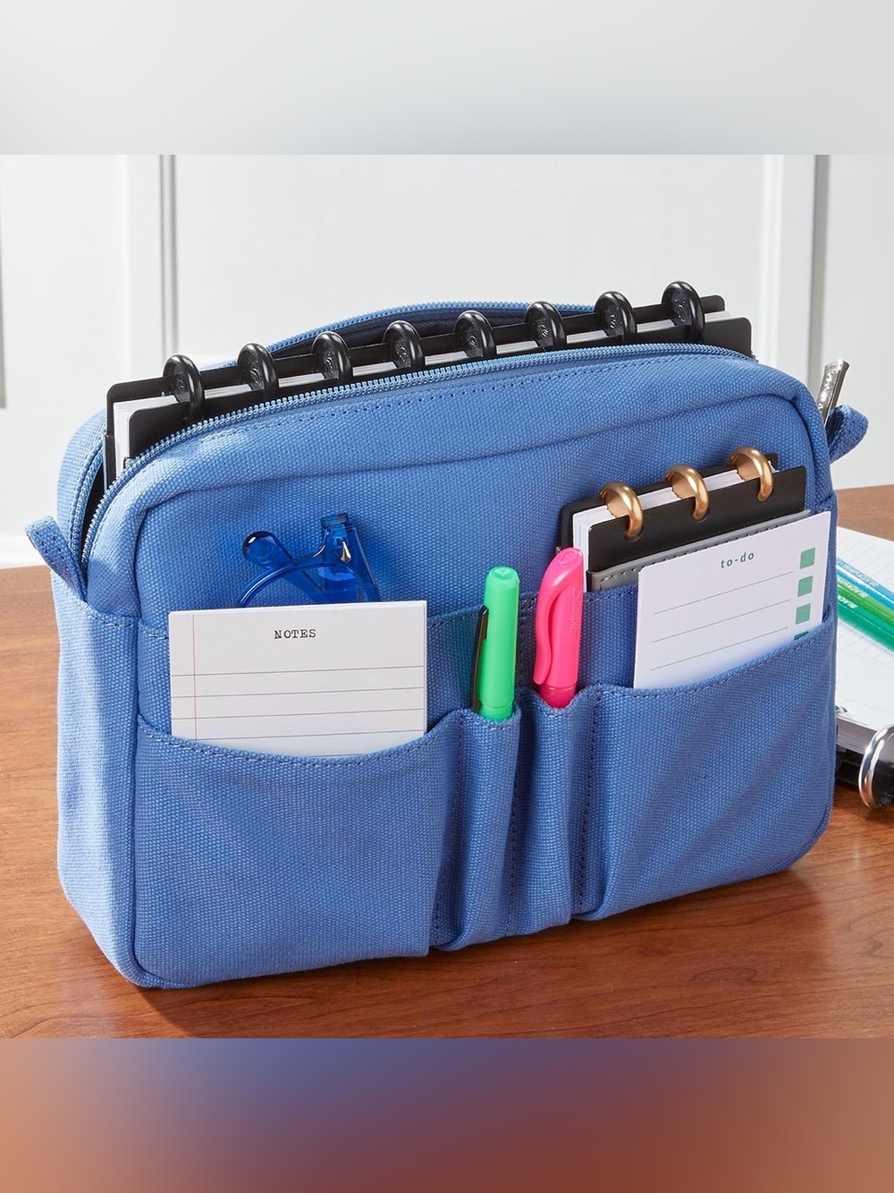 Levenger Blue Canvas Organizer Pouch |Travel Multi Pocket Zippered Bag NWT - Picture 5 of 7